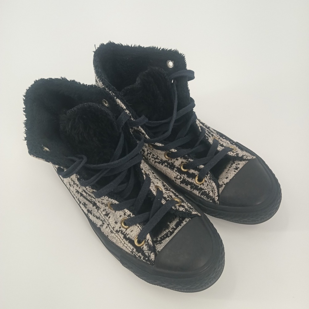 Converse Chuck Taylor All Star Knit Faux Fur High Top Sneakers Black White 7.5